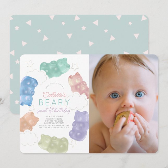 Convites Primeiro aniversario de Foto Beary Sweet Gummy Bea (Frente/Verso)