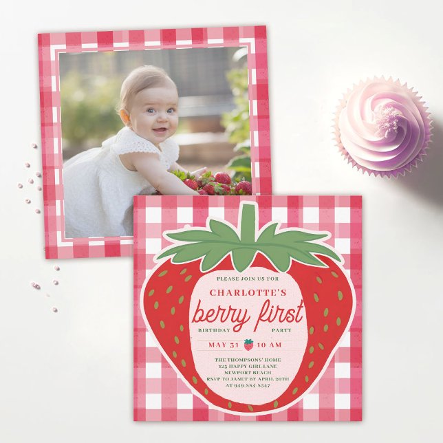 Convites Primeiro aniversario de Foto Berry First Strawberr (strawberry 1st birthday party theme photo invitation cute adorable template watercolor)