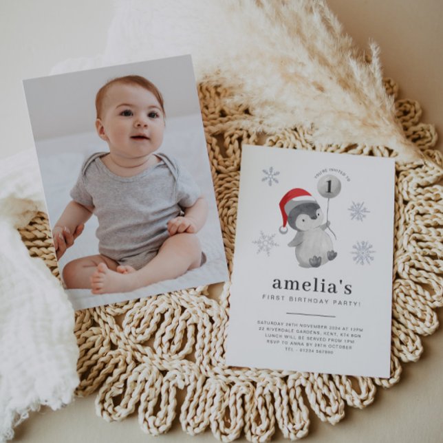 Convites Primeiro aniversario de Foto do Balão Penguin (Penguin Balloon Photo 1st Birthday Invitation)