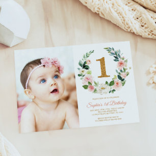 Convites Primeiro aniversario de Foto Floral Floral Cor-de-