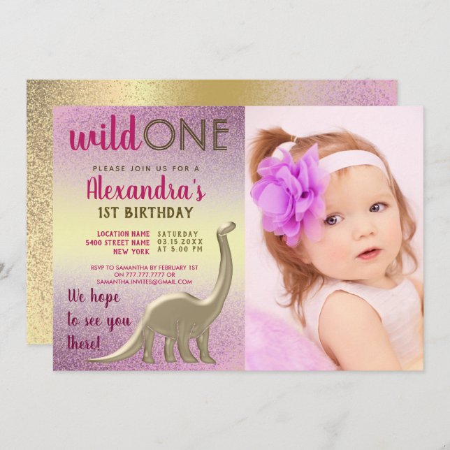 Convites Primeiro aniversario de Foto Selvagem, Rosa e Dino (Frente/Verso)