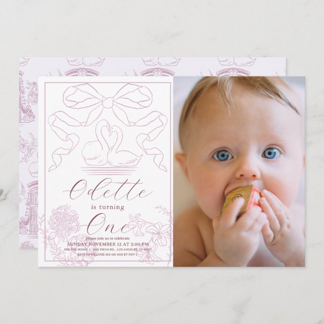 Convites Primeiro aniversario de Foto Swan Pink Toile de Jo (Frente/Verso)