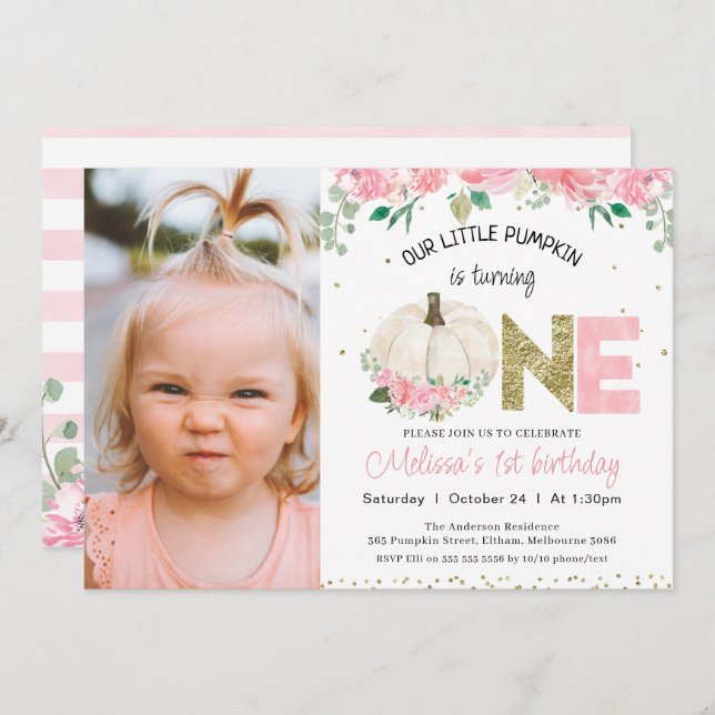 Convites Primeiro aniversario de Fotografias Douradas Flora (Frente/Verso)