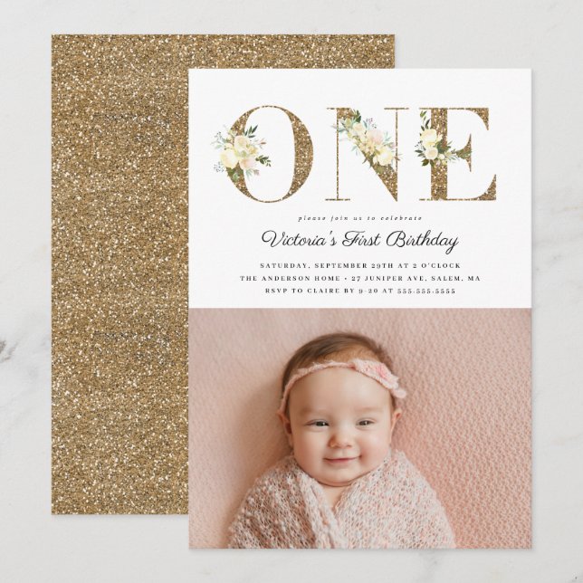 Convites primeiro aniversario de Fotos Floral Dourado Glitt (Frente/Verso)