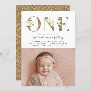 Convites primeiro aniversario de Fotos Floral Dourado Glitt