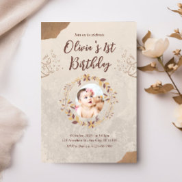 Convites Primeiro aniversario de fotos personalizado Brown