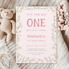 Convites Primeiro aniversario de Frame Floral do Flor, Rosa