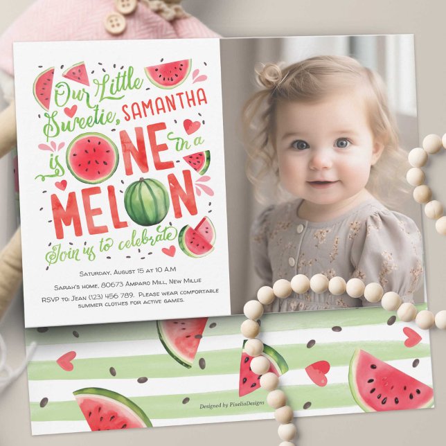 Convites Primeiro aniversario de Fruta de Melancia de Verão (Summer Cute Red Watercolor One In a Melon, Watercolor Themed Girl 1st Birthday Photo Invitation. )