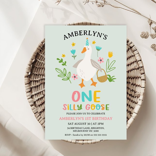 Convites Primeiro aniversario de Ganso de Um Bobo Moderno (One Silly Goose Birthday Invitation Template, Girls First Birthday Invitation Goose, Cute Sage Goose)