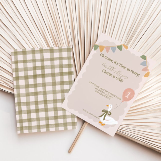 Convites Primeiro aniversario de Garland de Ganso Rosa-Rosa (Criador carregado)