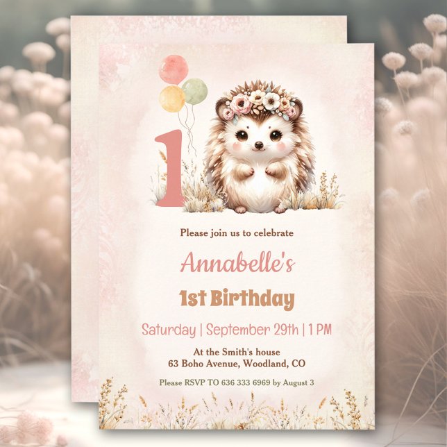 Convites Primeiro aniversario de Garota Boca-Marinha de Boc (Cute Hedgehog Woodland Boho Girl 1st Birthday Invitation)