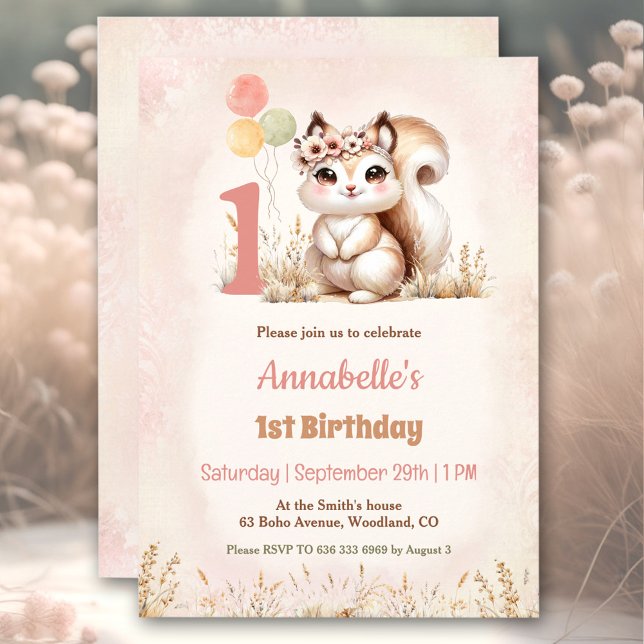 Convites Primeiro aniversario de Garota de Boho de Woodland (Cute Squirrel Woodland Boho Girl 1st Birthday Invitation)