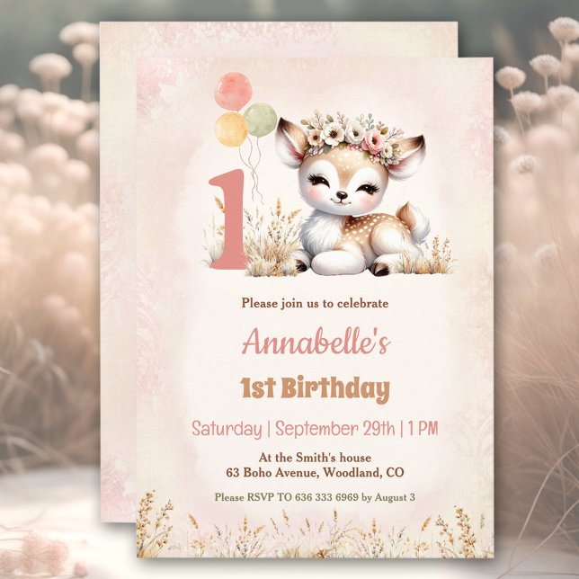 Convites Primeiro aniversario de Garota de Boho do Canto (Cute Deer Woodland Boho Girl 1st Birthday Invitation)