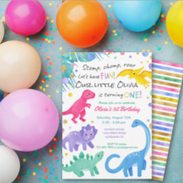 Convites Primeiro aniversario de Garota Dinossauro Colorido