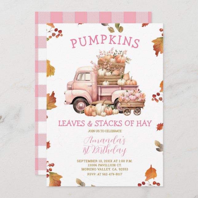 Convites Primeiro aniversario de Garota-Pumpkin Rosa de Que (Frente/Verso)