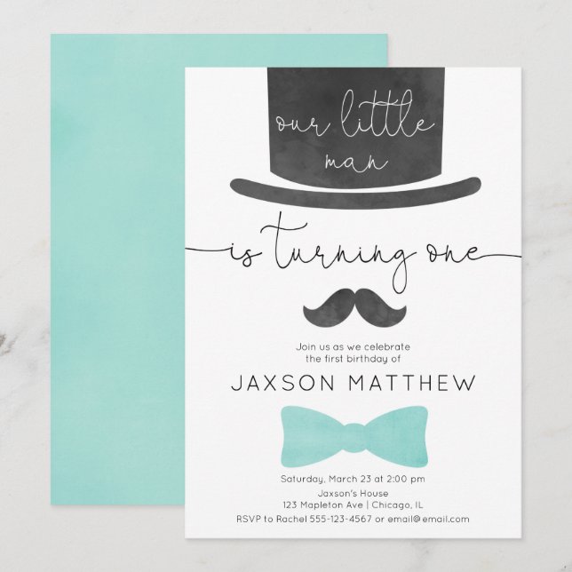 Convites primeiro aniversario de garotinho de turquesa (Frente/Verso)