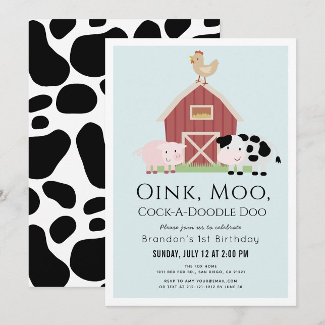 Convites Primeiro aniversario de Garoto Azul do Barnyard (Frente/Verso)