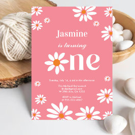 Convites Primeiro aniversario de Groovy Daisy Florals Retro