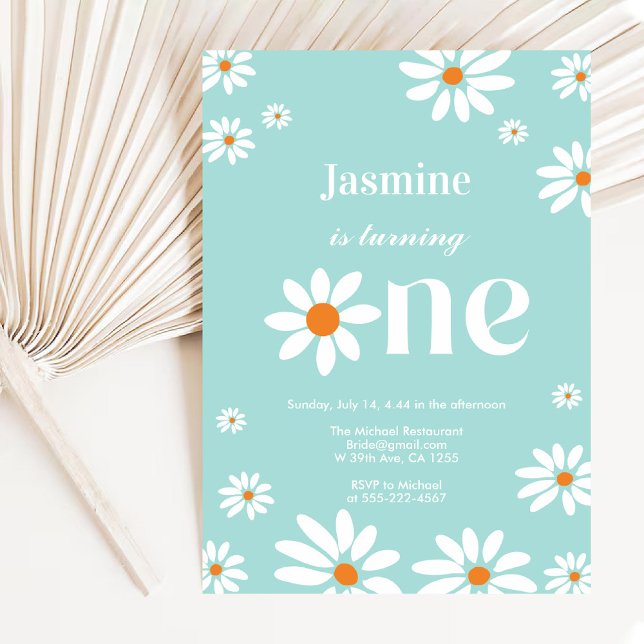 Convites Primeiro aniversario de Groovy Daisy Florals Retro (Light Teal Retro Groovy Daisy Florals 1st Birthday Invitation)