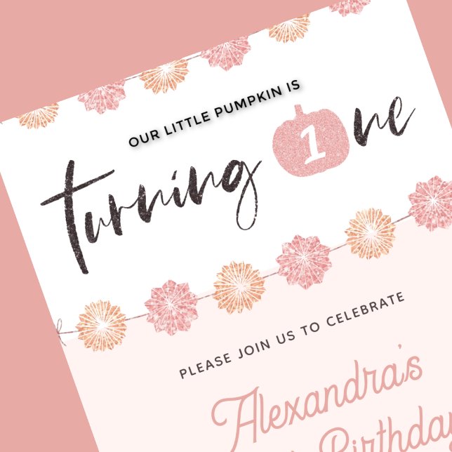 Convites Primeiro aniversario de Halloween Floral Rosa (Halloween-1st-birthday-Invitation-Pumpkin-Girl-Pink-Floral-1)