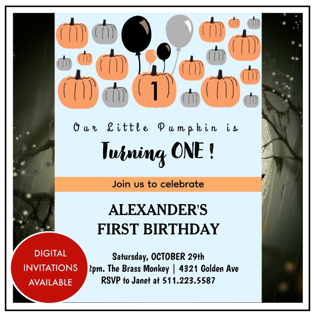 Convites Primeiro aniversario de Halloween, outubro, para c (halloween-1st-birthday-invitations-autumn-pumpkins-1)