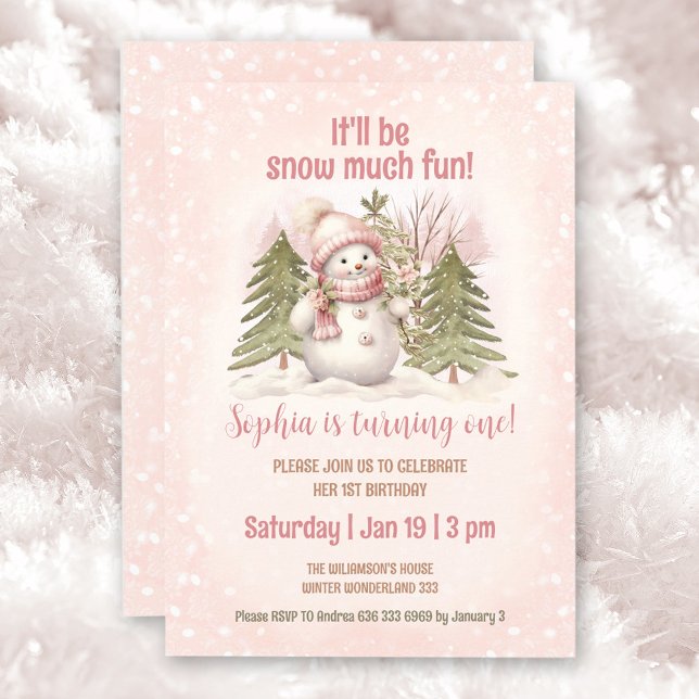 Convites Primeiro aniversario de inverno da Garota Neve Ros (Winter Pink Vintage Snowman Birthday Invitation)
