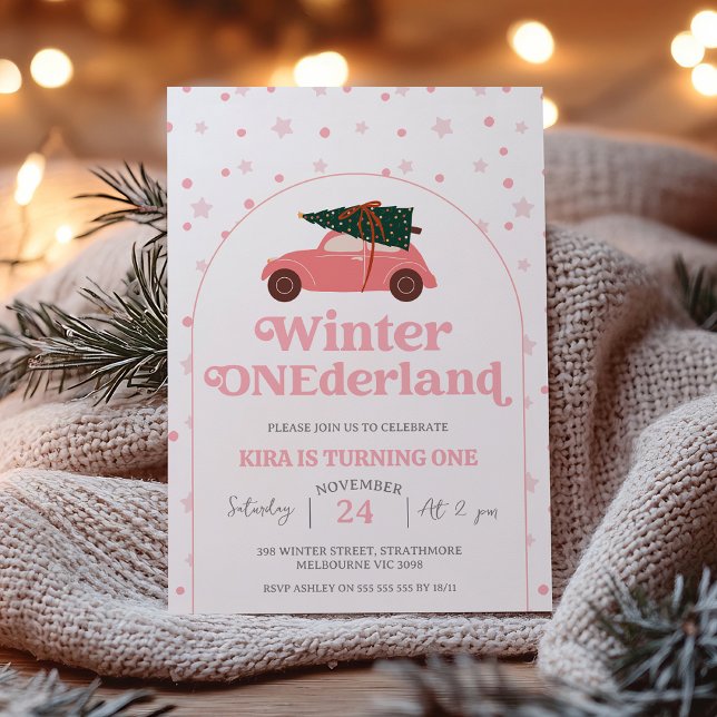 Convites Primeiro aniversario de inverno na Holanda do Pink (Girls Winter Onederland 1st Birthday Invitation, Christmas Tree Car, Pink Modern Winter Onederland )