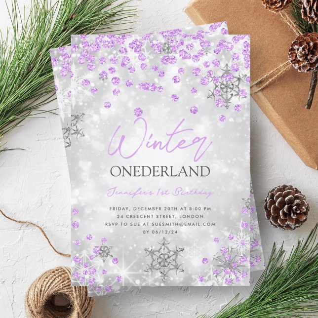 Convites Primeiro aniversario de inverno ONEDERLAND de Prat (Silver Purple Winter ONEDERLAND 1st Birthday Invitation)