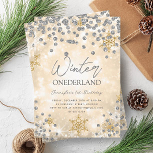 Convites Primeiro aniversario de inverno ONEDERLAND, Dourad