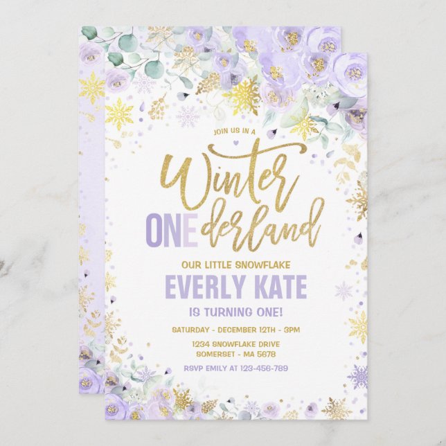 Convites primeiro aniversario de inverno ONEderland Dourado (Frente/Verso)