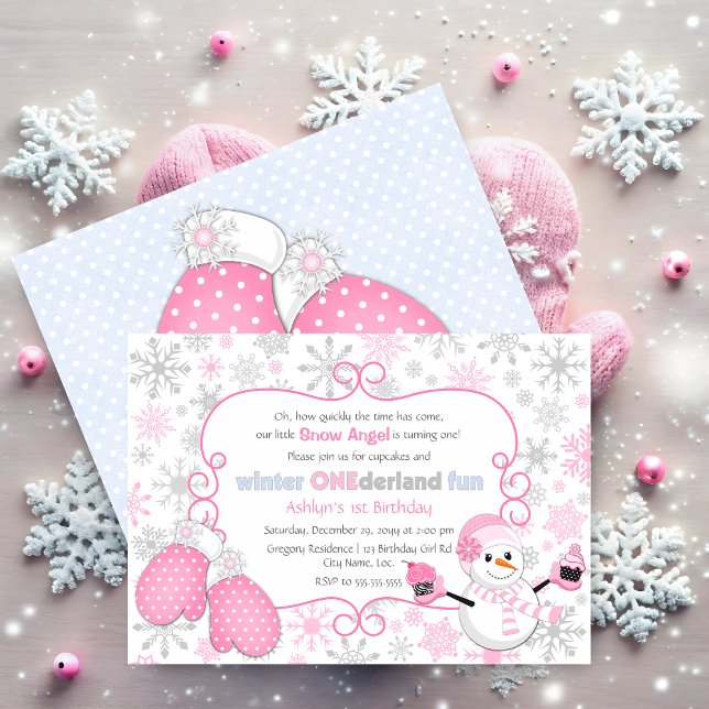 Convites Primeiro aniversario de inverno único personalizad (Winter one-derland first birthday invitation front and back view.)