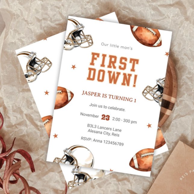Convites Primeiro aniversario De Jovens Cute De Futebol (First Down Birthday Evite, Editable Football Invitation, 1st Birthday Digital Invite, Instant Downlo)