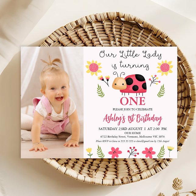Convites Primeiro aniversario de Ladybug Preto Vermelho (Girls Ladybug Themed 1st Birthday Invitation Template With Photo, Cute Ladybug Birthday Invitation)