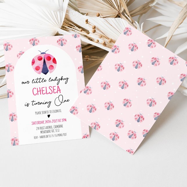 Convites Primeiro aniversario de Ladybug Rosa Arch Branco M (Modern pink ladybug 1st birthday invitation with arch. Our ladybug invite, Any age, ladybug pattern)