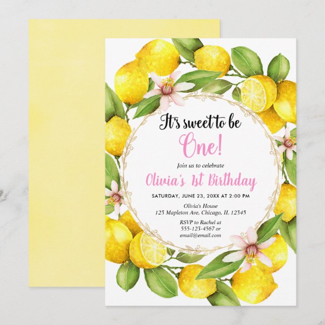 Convites primeiro aniversario de Lemon Lemonade (Frente/Verso)