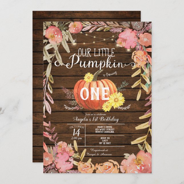 Convites Primeiro aniversario De Madeira De Pumpkin Floral (Frente/Verso)