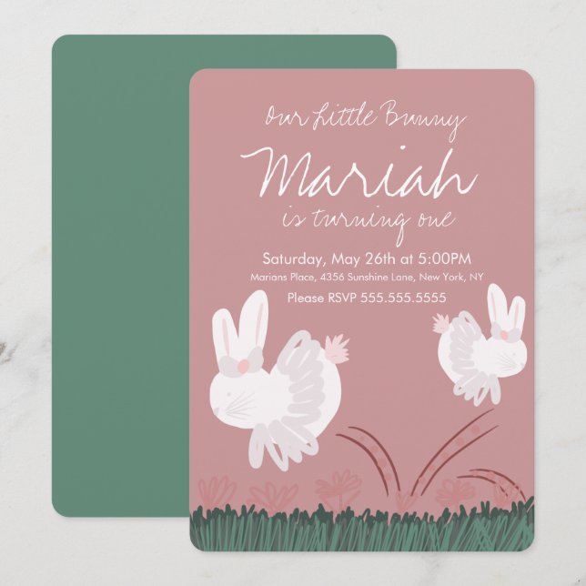 Convites Primeiro aniversario de Mão Bonito de Coelhinho De (Frente/Verso)