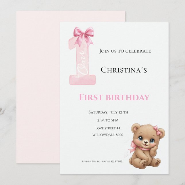 Convites Primeiro aniversário de menina (Frente/Verso)