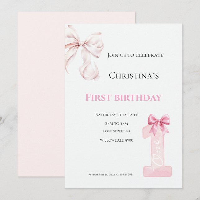 Convites Primeiro aniversário de menina (Frente/Verso)