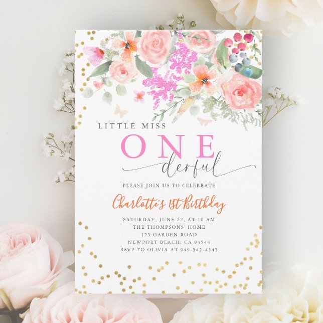 Convites Primeiro aniversario de Menina Maravilhosa Vibrant (little miss onederful girls 1st birthday invite happy garden wildflowers watercolor calligraphy cute)