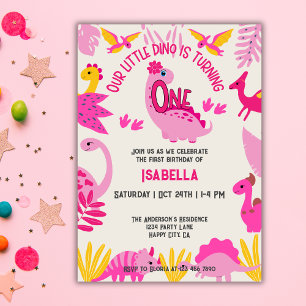 Convites Primeiro aniversario De Meninas Dinossauras Rosa E
