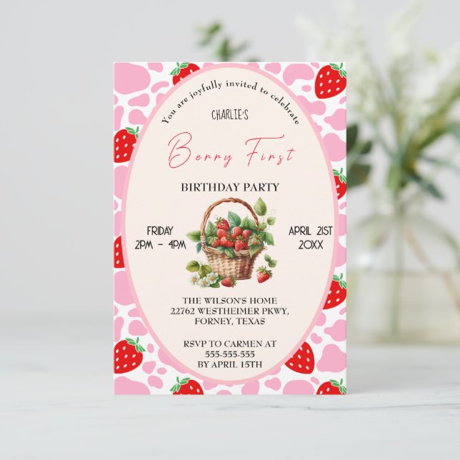 Convites Primeiro aniversario de morango Berry Primeira Fes (Em pé/Frente)