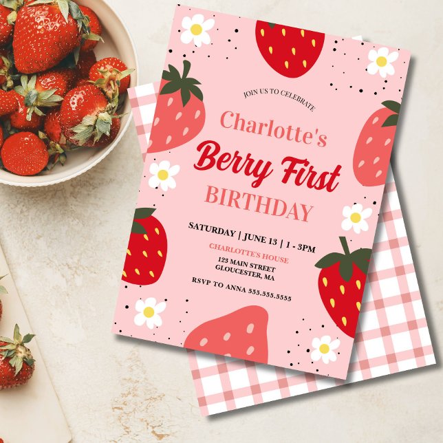 Convites Primeiro aniversario de morango Berry Primeira Fes (Berry First Birthday Invitation Template)