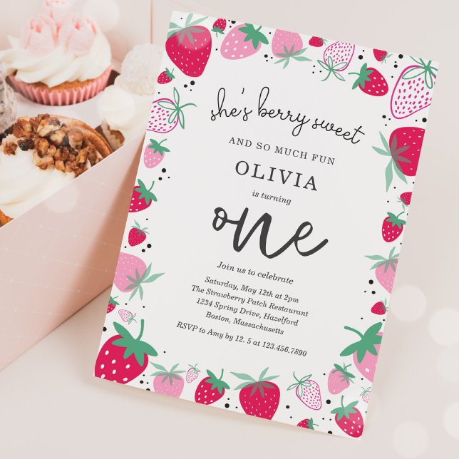 Convites Primeiro aniversario de morango Berry Primeira Fes (Criador carregado)