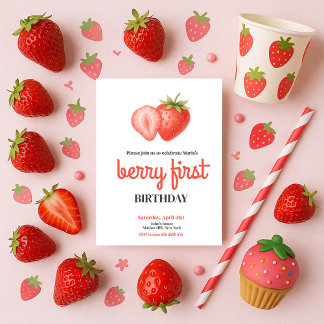 Convites Primeiro aniversario de morango Berry Primeira Fes