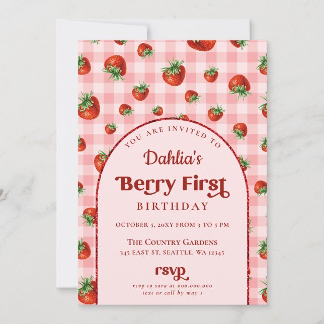 Convites Primeiro aniversario de Morango Berry Primeira Fot (Frente)