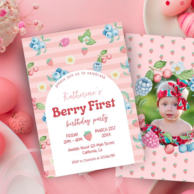 Convites Primeiro aniversario de morango Berry Primeiro Ani (Criador carregado)