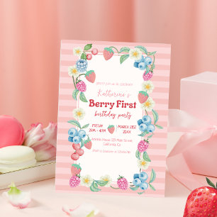 Convites Primeiro aniversario de morango Berry Sweet Pink A