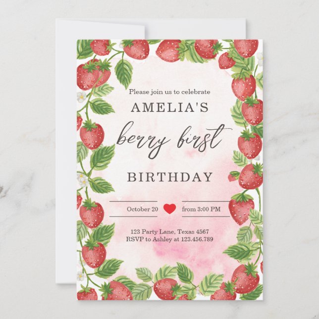 Convites Primeiro aniversario De Morango Convidar Primeiro  (Frente)