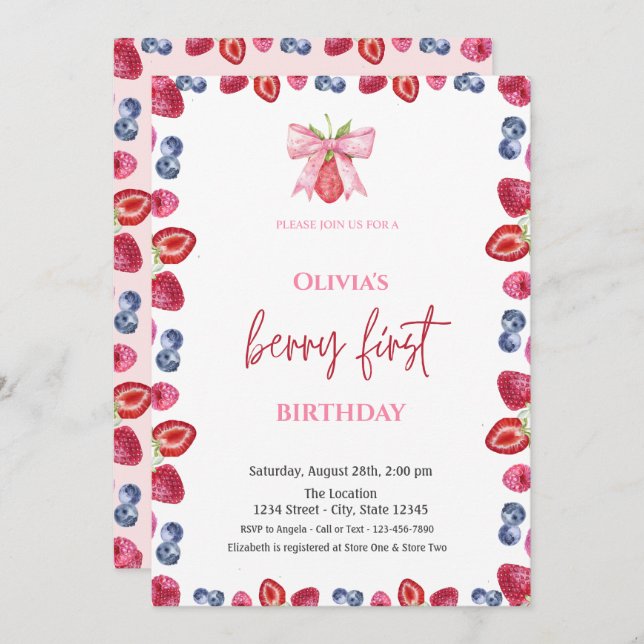 Convites Primeiro aniversario de Morango de Amoreira (Frente/Verso)